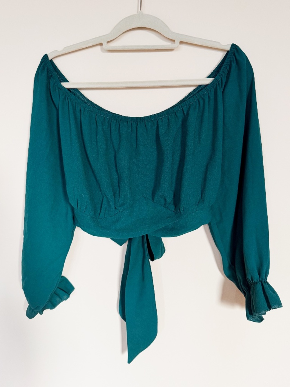 Shein Curve Teal Wrap Long Sleeve Off Shoulder Crop Top